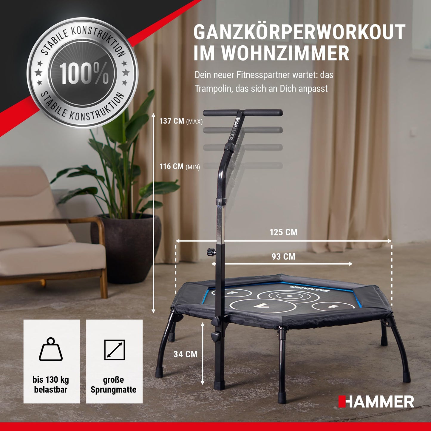 HAMMER Fitness-Trampolin | 98cm Fläche | Höhenverstellgriff | Max 130kg